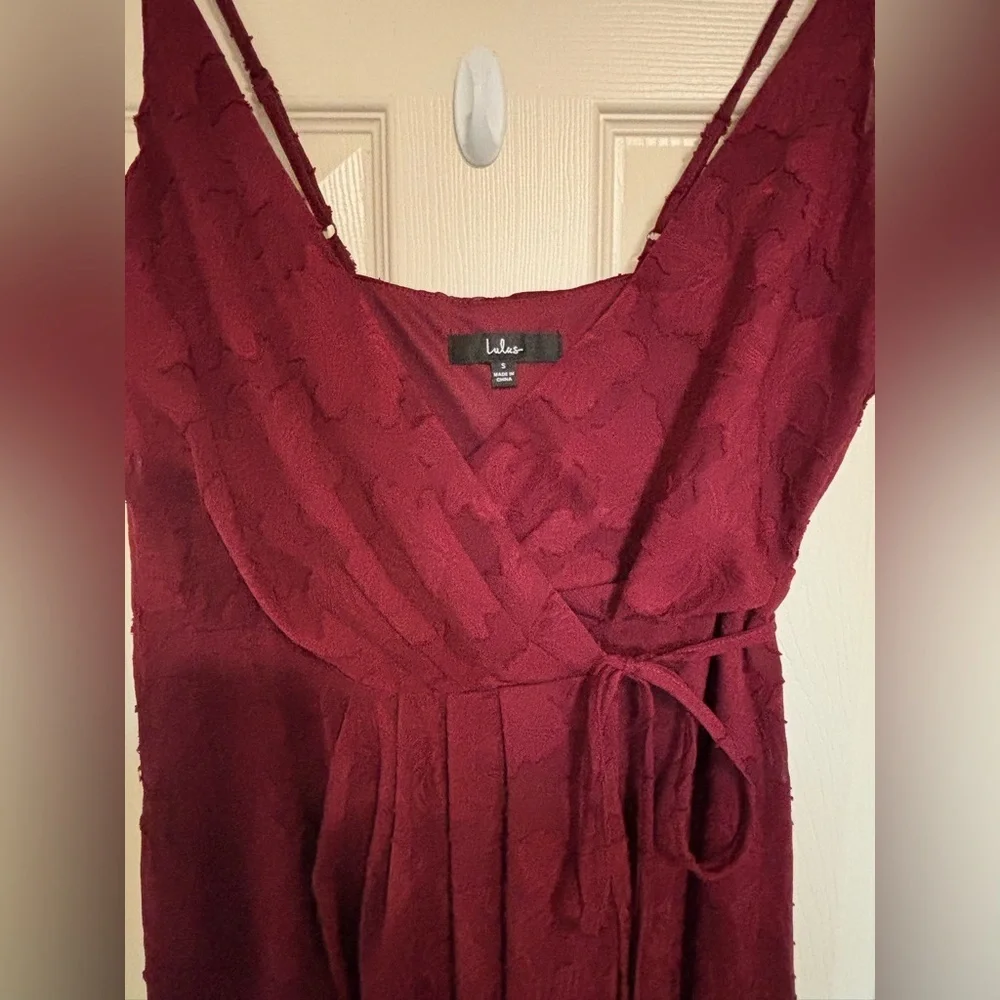 Lulus Burgundy Floral Jacquard Wrap Maxi Dress wedding guest prom - Picture 3 of 8